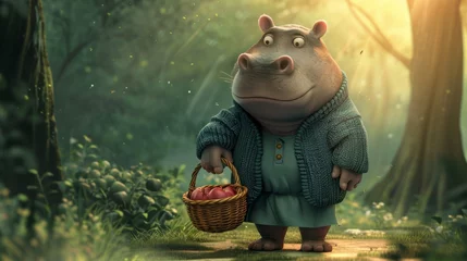 Fototapeten A cartoon hippo with basket of apples in the woods, AI © starush