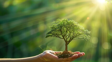 a hand holding big tree growing on green background with sunshine