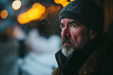 Portrait of an old man with a gray beard and mustache on the street in winter