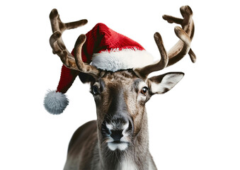Christmas reindeer with ribbon. Close-up: Reindeer in Santa's hat on a light transparent background. Christmas elements.