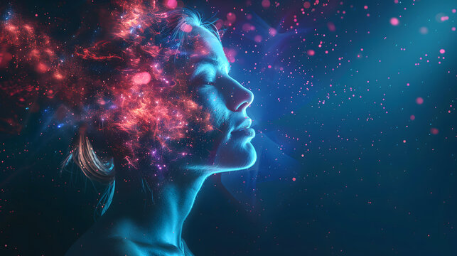 Fototapeta a woman head with the universe inside her, space nebulae, dark blue background, pink and red lights, sparkles around her face, double exposure photography