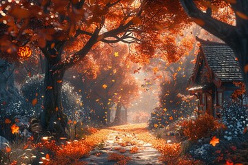 Depict a seasonal theme with a charming autumn scene adorned with falling leaves - obrazy, fototapety, plakaty