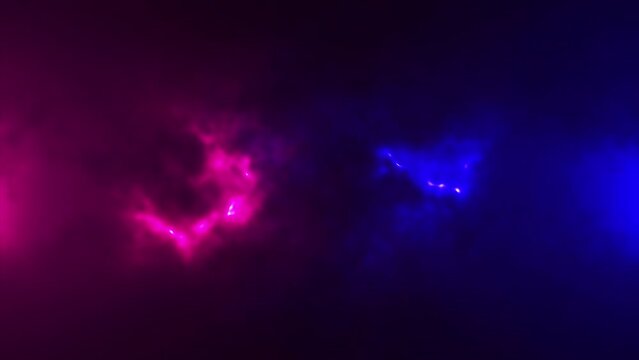 Futuristic blue and purple light energy motion in the sky. Neon thunderstorm animation. Energy blobs moving towards each other surrounded by smoke. Cosmic energy,  colorful Universe background. 4k.