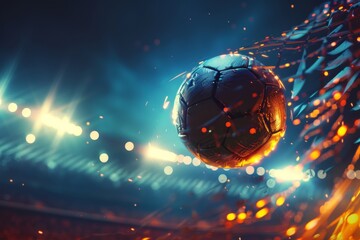 Fiery soccer ball go fast at the football stadium. Generative AI - 775135629