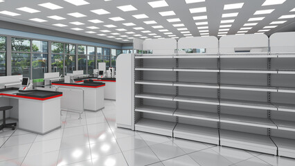 Supermarket interior mockup with retail racks, cash counters and view of the city through the window. 3d illustration