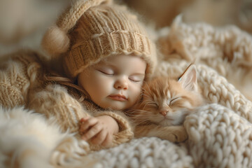 Heartwarming scene captured in a cozy embrace between a peaceful sleeping kitten and a tenderly hugging cute baby child, showcasing the purest form friendship