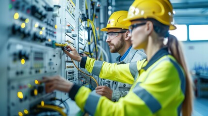 Two people in hard hats working on a large electrical panel, AI