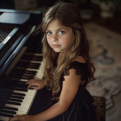 Fototapeta na wymiar An angelic-faced girl expresses grace and talent as she plays the piano, captivating with both her beauty and musical prowess looking to the camera .