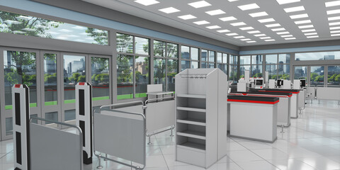 Supermarket interior mockup with shop security anti-theft gates, cash counters and city view through the window. 3d illustration - obrazy, fototapety, plakaty