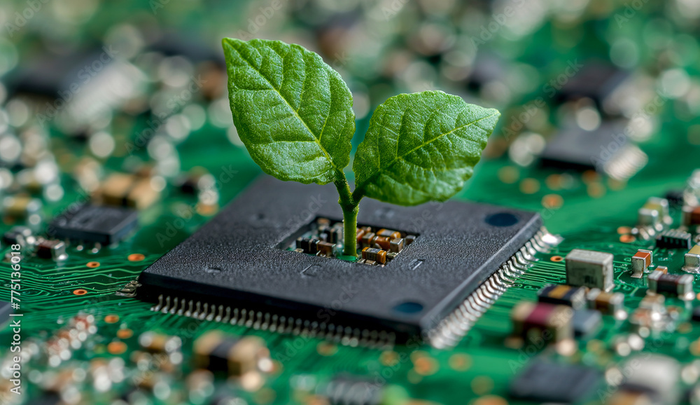 Poster two green leaves sprout from a microchip in the heart of a circuit board highlighting growth