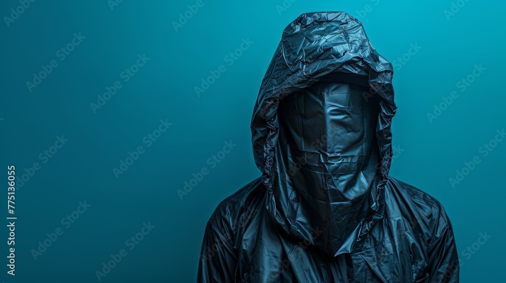 Canvas Prints a person wearing a black rain jacket with hood up against the wall, ai