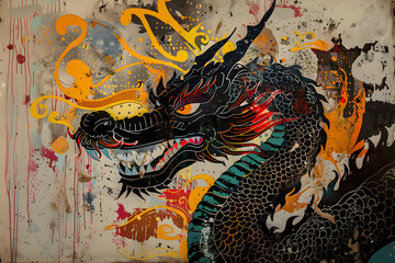 Obraz premium Drawing of a dragon with its mouth open and fire coming from its mouth. The dragon is surrounded by many splashes of color and is very dark. Generative AI