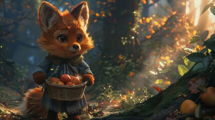 Fototapeta premium A cartoon fox holding a basket of apples in the woods, AI