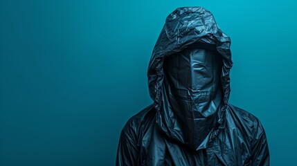 A person wearing a black rain jacket with hood up against the wall, AI
