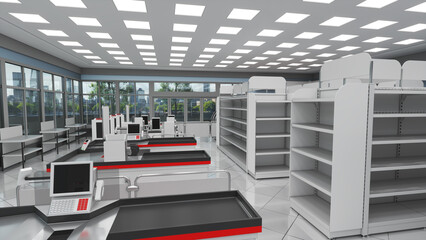 Supermarket interior mockup with cash counters, empty racks and view of the city through the window. 3d illustration - obrazy, fototapety, plakaty