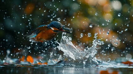Vibrant kingfisher diving in freshwater pond with striking blue flash and splashing water - obrazy, fototapety, plakaty