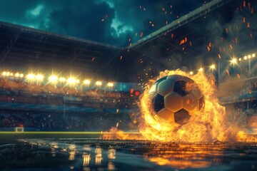 Fiery soccer ball go fast at the football stadium. Generative AI - 775136660