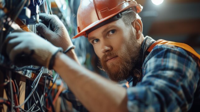 A man in a hard hat working on electrical wires, AI