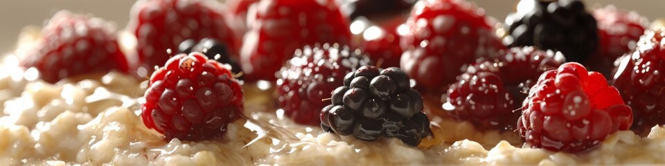 A close up of a plate with berries and oatmeal on it, AI