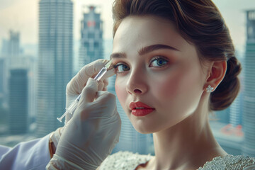 Stunning woman receiving cosmetic treatment with blurry urban landscape on the horizon - Powered by Adobe
