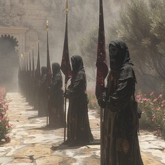 Memorial Day ancestral spirit parade, ghostly honor guards of fallen warriors, spectral flag bearers, 3D Scientific Visualization - obrazy, fototapety, plakaty