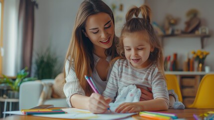 a cute little girl and her mother coloring together at home, radiating joy and happiness as they create memories through art, embodying the essence of a happy family.
