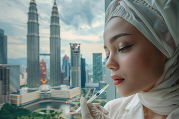 Fototapeta premium Cityscape merges with healthcare, showcasing a nurse with a syringe against Kuala Lumpur's iconic Petronas Towers