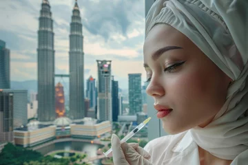 Fotobehang Cityscape merges with healthcare, showcasing a nurse with a syringe against Kuala Lumpur's iconic Petronas Towers © Fxquadro