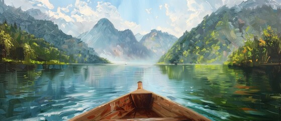 A panoramic view from the bow of a boat journeying through a breathtaking mountain lake, under a sky of swirling clouds, surrounded by vibrant greenery. - obrazy, fototapety, plakaty