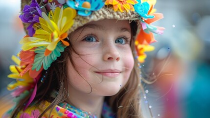 A young girl wearing a flowery hat and smiling in a spring easter parade