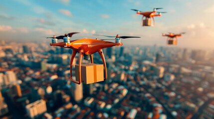 Drones delivering goods above a congested urban landscape, avoiding traffic