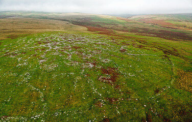 Whittenknowles Rocks prehistoric enclosed settlement, Drizzlecombe, Devon. Aerial view East over...