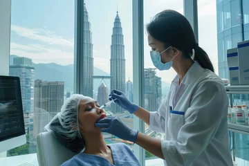 Fotobehang A serene moment in medicine, a patient receives a vaccine with the Petronas Towers visible through the window © Fxquadro