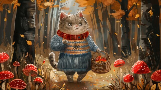 A painting of a cat in an autumn forest holding a basket, AI