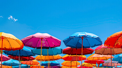 Fototapeta na wymiar Empty beach umbrellas against a backdrop of a relentless, overpowering sun