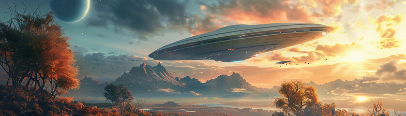 Alien spaceship, sleek, hovering above a serene alien landscape with strange flora and fauna, two moons visible in the sky, photography, Golden Hour lighting, HDR effect