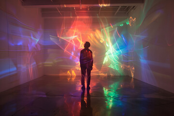 A man stands in front of a colorful wall of light. The room is dimly lit, and the man is looking at the wall with a sense of wonder. Generative AI