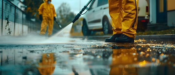 Workers utilizing a pressure washer for thorough driveway cleaning. Concept Pressure Washing, Driveway Cleaning, Workers at Work, Outdoor Maintenance, Cleaning Equipment - obrazy, fototapety, plakaty