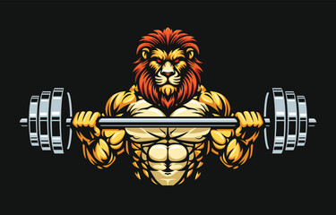 Lion fitness or gym template, Lion lifting barbell illustration. Lion mascot character