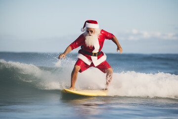 Santa Claus surfing a wave in the ocean in his full Christmas regalia; X-Mas in July background image