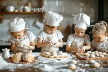 Four young kids are engaging in baking activities, dressed in chef hats and aprons, surrounded by pastry and flour