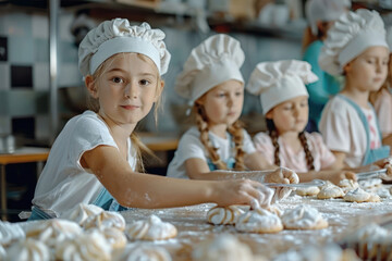 Little girls are making pastries in a well-equipped kitchen, wearing chef hats and displaying teamwork
