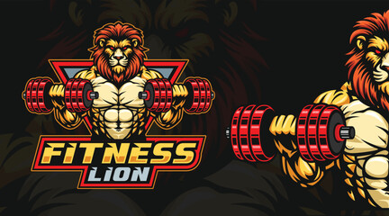 Lion fitness or gym logo template, Lion lifting dumbbell illustration. Lion mascot character