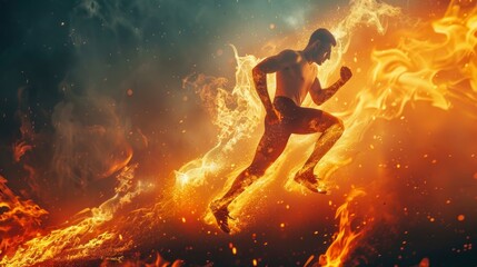man with lit fire running. athlete concept