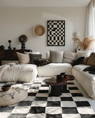 Cozy modern living room interior with monochrome decor