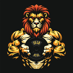 Fitness lion vector illustration, gym mascot character, lion holding weight plate