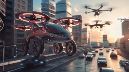 Urban air mobility concept, showing the use of flying cars and drones for personal and cargo transport low texture - obrazy, fototapety, plakaty