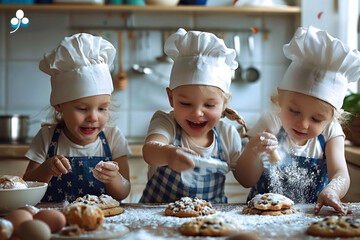 Three cheerful kids in blue aprons are enjoying the act of baking and playing with flour