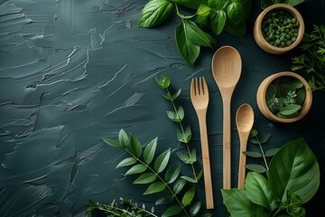 bamboo drinking straws, biodegradable containers, wooden cutlery on green background, zero waste