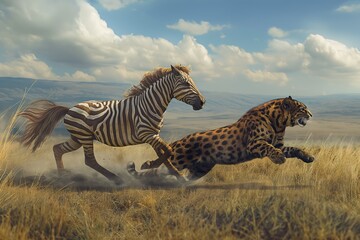 Naklejka premium A zebra gallops fiercely with a predator close behind in a tense chase scene amidst a grassland setting.